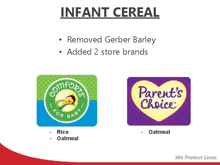 INFANT CEREAL • Removed Gerber Barley • Added 2 store brands - Rice -