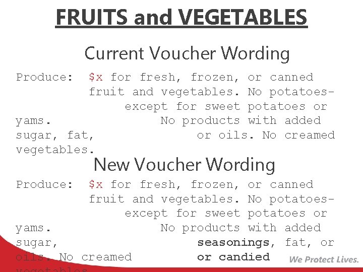 FRUITS and VEGETABLES Current Voucher Wording Produce: $x for fresh, frozen, or canned fruit
