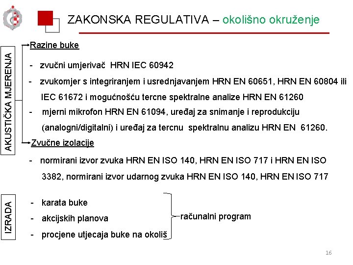 ZAKONSKA REGULATIVA – okolišno okruženje AKUSTIČKA MJERENJA Razine buke - zvučni umjerivač HRN IEC