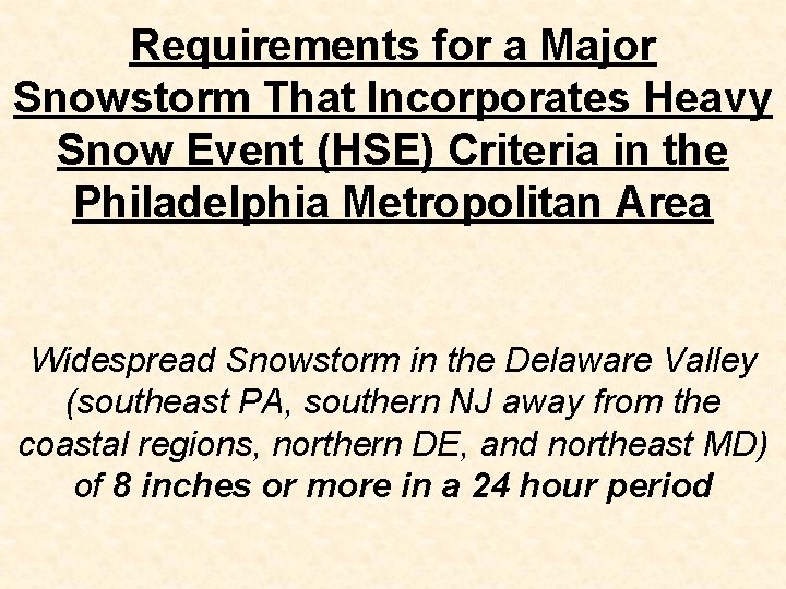 Requirements for a Major Snowstorm That Incorporates Heavy Snow Event (HSE) Criteria in the