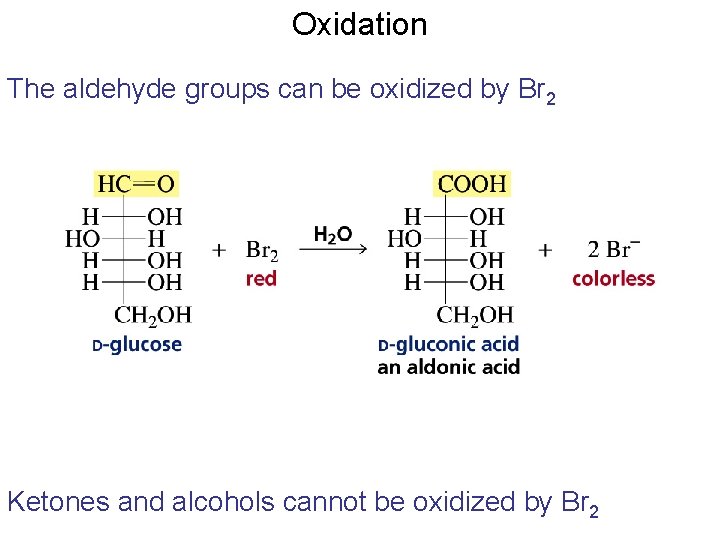 Oxidation The aldehyde groups can be oxidized by Br 2 Ketones and alcohols cannot Oxidation The aldehyde groups can be oxidized by Br 2 Ketones and alcohols cannot
