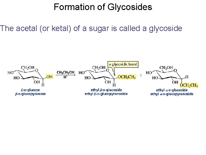 Formation of Glycosides The acetal (or ketal) of a sugar is called a glycoside Formation of Glycosides The acetal (or ketal) of a sugar is called a glycoside