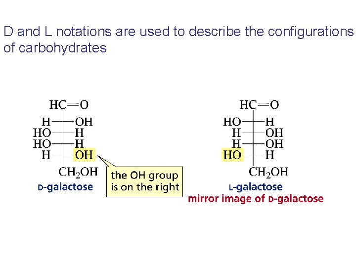 D and L notations are used to describe the configurations of carbohydrates D and L notations are used to describe the configurations of carbohydrates