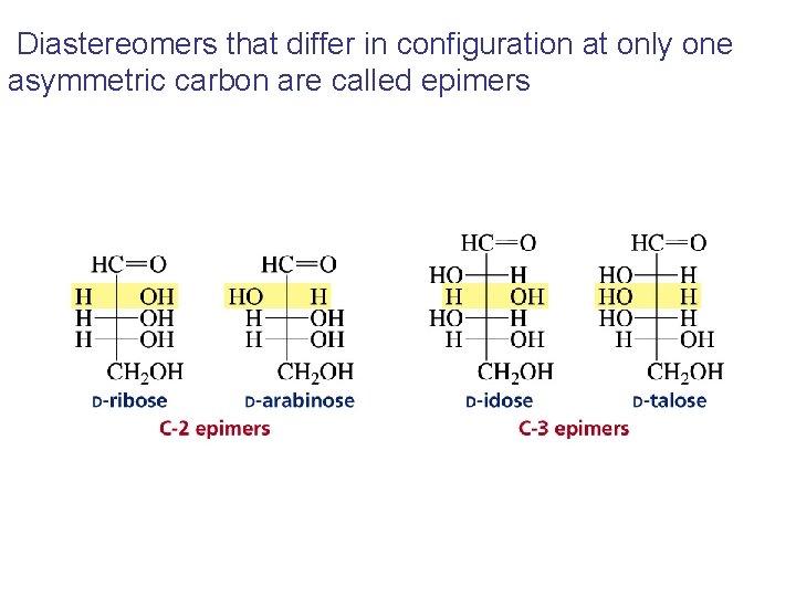 Diastereomers that differ in configuration at only one asymmetric carbon are called epimers Diastereomers that differ in configuration at only one asymmetric carbon are called epimers