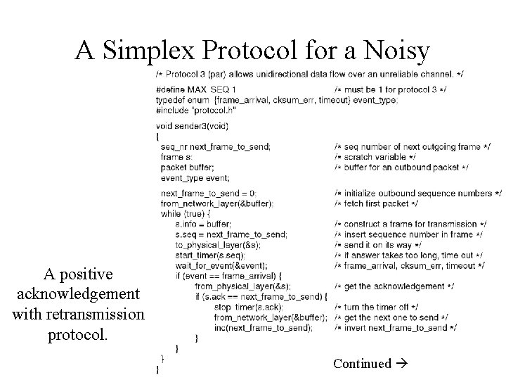 A Simplex Protocol for a Noisy Channel A positive acknowledgement with retransmission protocol. Continued