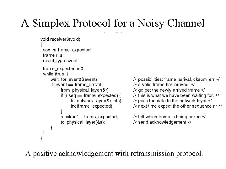 A Simplex Protocol for a Noisy Channel (ctd. ) A positive acknowledgement with retransmission