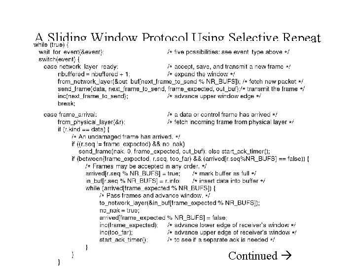 A Sliding Window Protocol Using Selective Repeat (3) Continued 