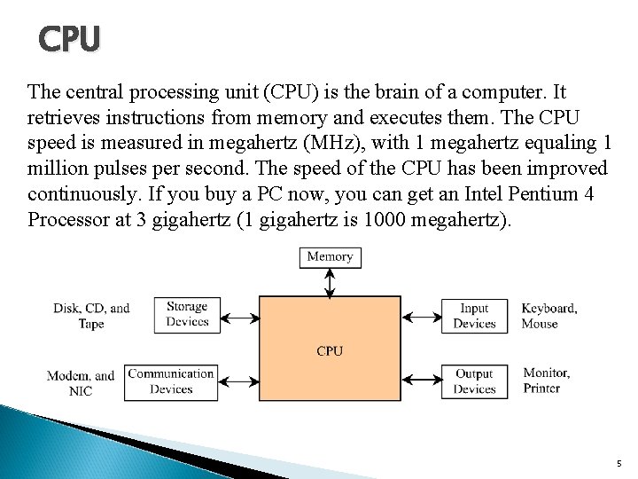 CPU The central processing unit (CPU) is the brain of a computer. It retrieves CPU The central processing unit (CPU) is the brain of a computer. It retrieves