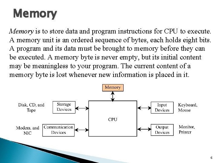 Memory is to store data and program instructions for CPU to execute. A memory Memory is to store data and program instructions for CPU to execute. A memory