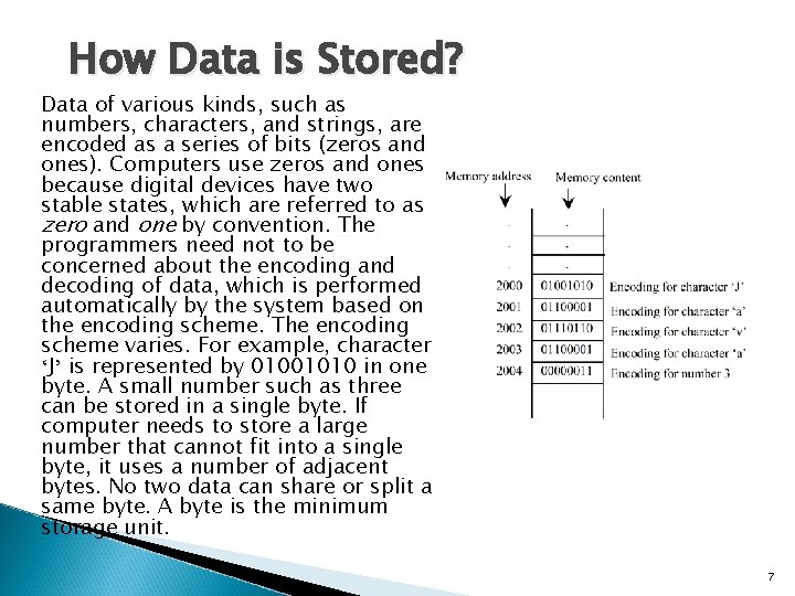 How Data is Stored? Data of various kinds, such as numbers, characters, and strings, How Data is Stored? Data of various kinds, such as numbers, characters, and strings,