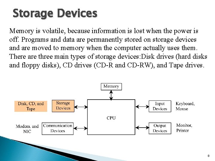 Storage Devices Memory is volatile, because information is lost when the power is off. Storage Devices Memory is volatile, because information is lost when the power is off.