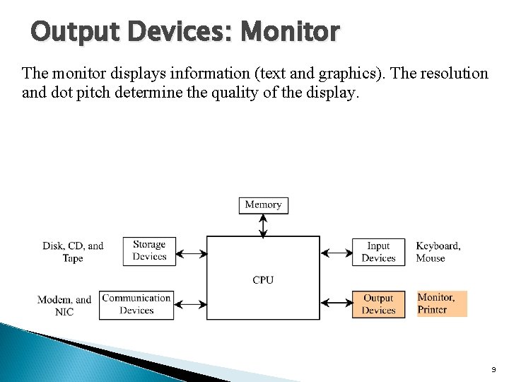Output Devices: Monitor The monitor displays information (text and graphics). The resolution and dot Output Devices: Monitor The monitor displays information (text and graphics). The resolution and dot