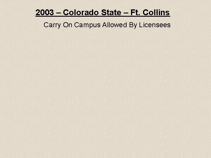 2003 – Colorado State – Ft. Collins Carry On Campus Allowed By Licensees 