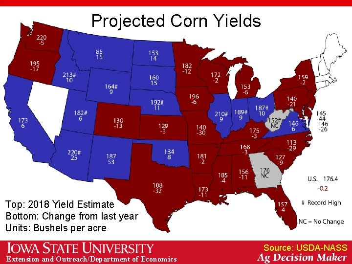 Projected Corn Yields Top: 2018 Yield Estimate Bottom: Change from last year Units: Bushels