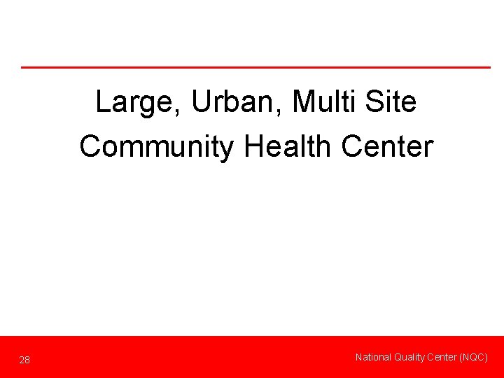 Large, Urban, Multi Site Community Health Center 28 National Quality Center (NQC) 