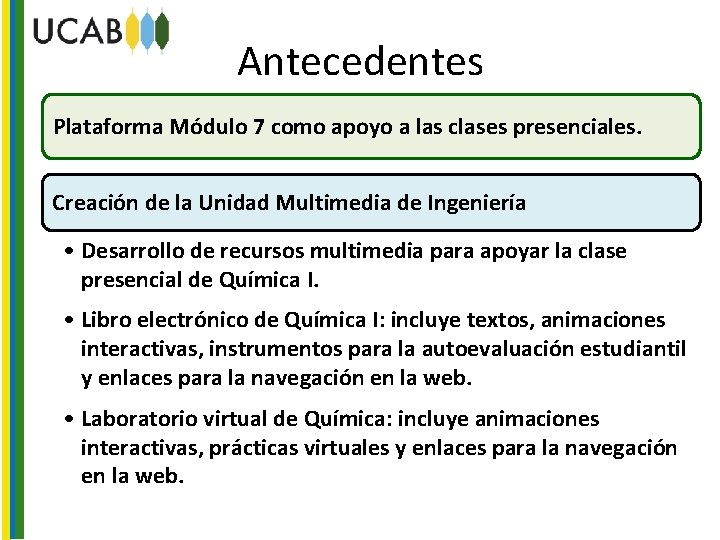 Antecedentes Plataforma Módulo 7 como apoyo a las clases presenciales. Creación de la Unidad