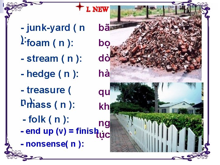 I. NEW WORDS - junk-yard ( n ): - foam ( n ): bãi