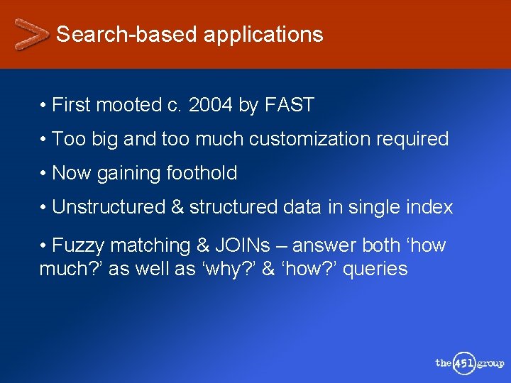 Search-based applications • First mooted c. 2004 by FAST • Too big and too