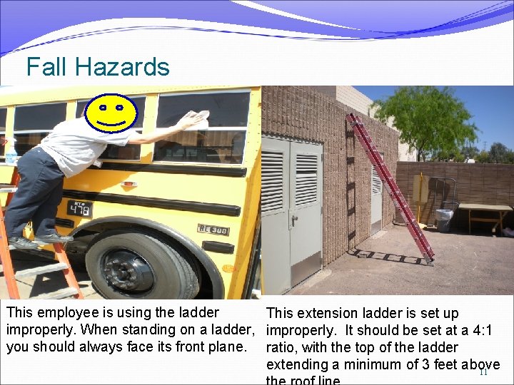 Fall Hazards This employee is using the ladder This extension ladder is set up