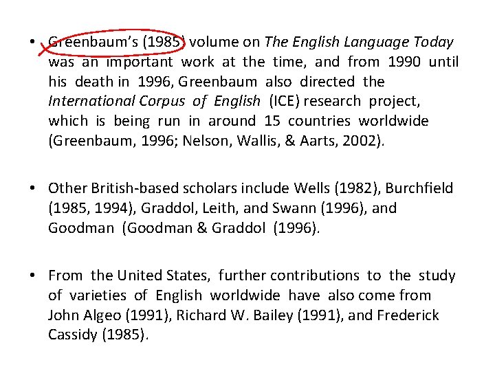  • Greenbaum’s (1985) volume on The English Language Today was an important work