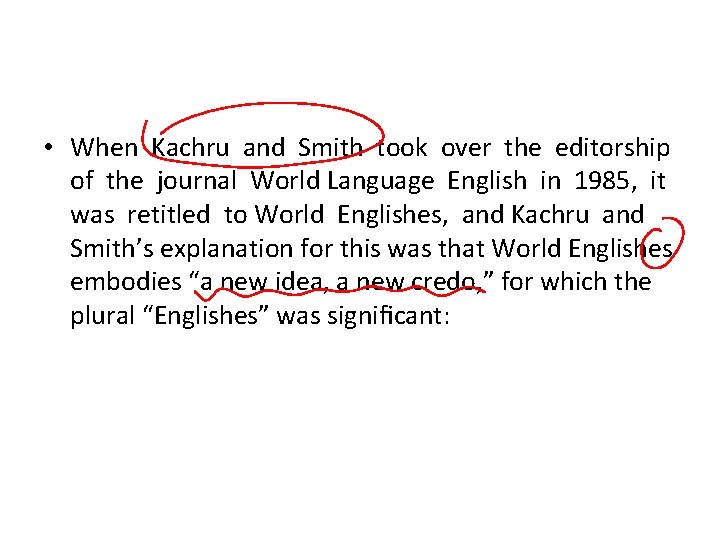 • When Kachru and Smith took over the editorship of the journal World • When Kachru and Smith took over the editorship of the journal World