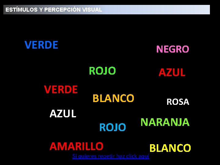 ESTÍMULOS Y PERCEPCIÓN VISUAL Efecto Stroop VERDE AMARILLO NEGRO ROJO VERDE AZUL BLANCO ROJO