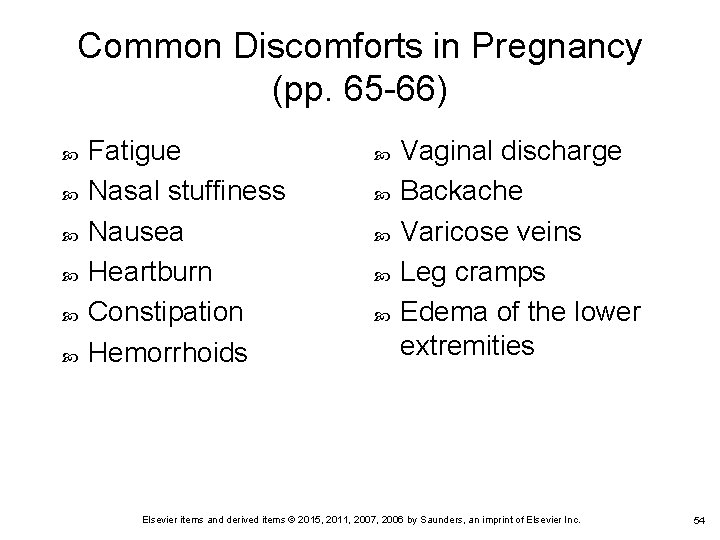 Common Discomforts in Pregnancy (pp. 65 -66) Fatigue Nasal stuffiness Nausea Heartburn Constipation Hemorrhoids