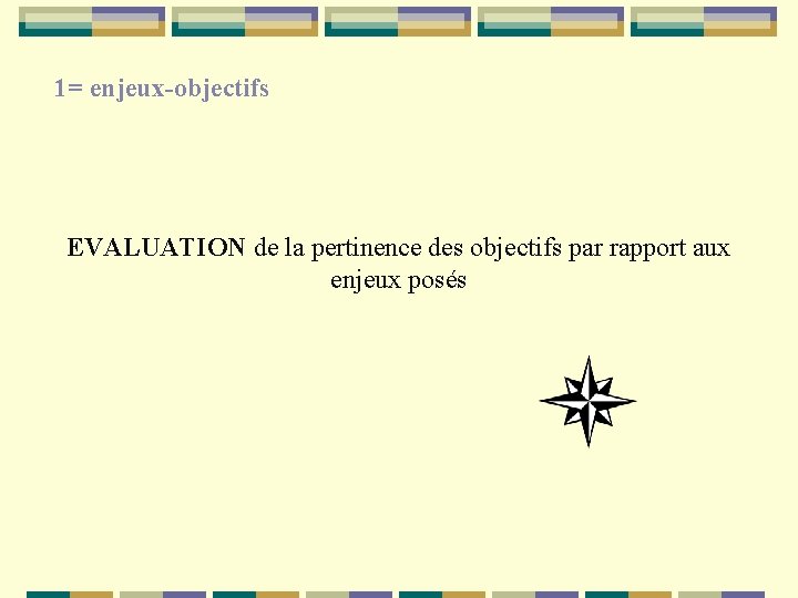 1= enjeux-objectifs EVALUATION de la pertinence des objectifs par rapport aux enjeux posés 