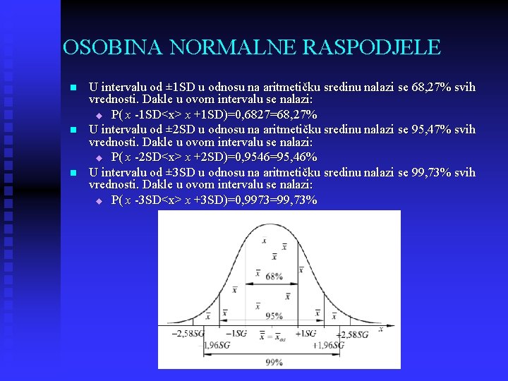 OSOBINA NORMALNE RASPODJELE n n n U intervalu od ± 1 SD u odnosu