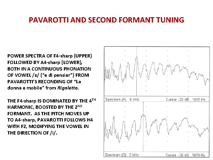 PAVAROTTI AND SECOND FORMANT TUNING POWER SPECTRA OF F 4 -sharp (UPPER) FOLLOWED BY