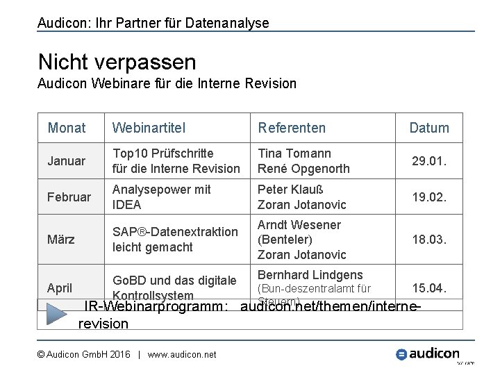 Audicon: Ihr Partner für Datenanalyse Nicht verpassen Audicon Webinare für die Interne Revision Monat