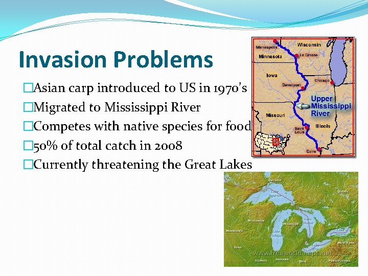 Invasion Problems �Asian carp introduced to US in 1970’s �Migrated to Mississippi River �Competes