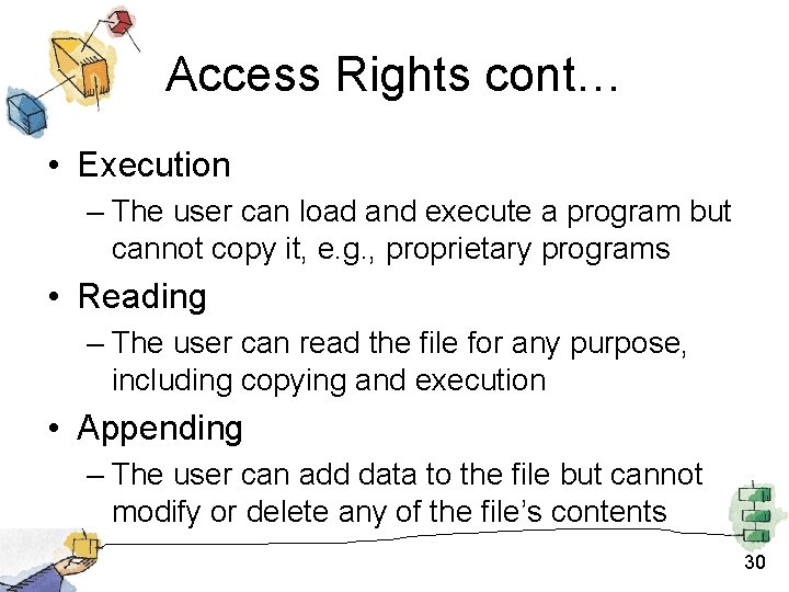 Access Rights cont… • Execution – The user can load and execute a program