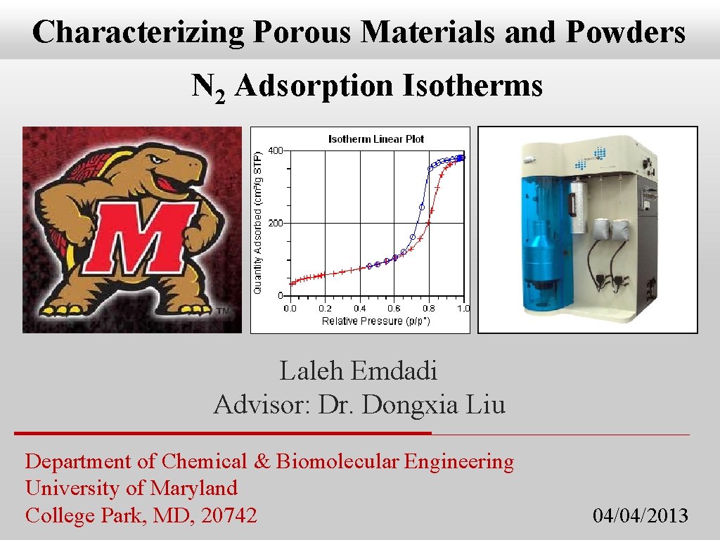 Characterizing Porous Materials and Powders N 2 Adsorption Isotherms Laleh Emdadi Advisor: Dr. Dongxia