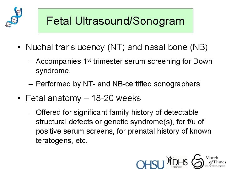 Fetal Ultrasound/Sonogram • Nuchal translucency (NT) and nasal bone (NB) – Accompanies 1 st