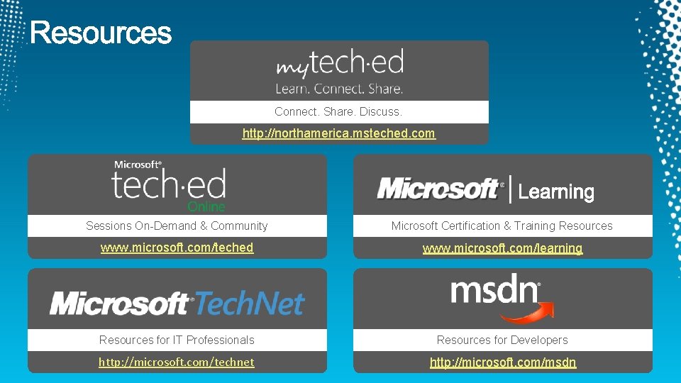 Connect. Share. Discuss. http: //northamerica. msteched. com Sessions On-Demand & Community Microsoft Certification &
