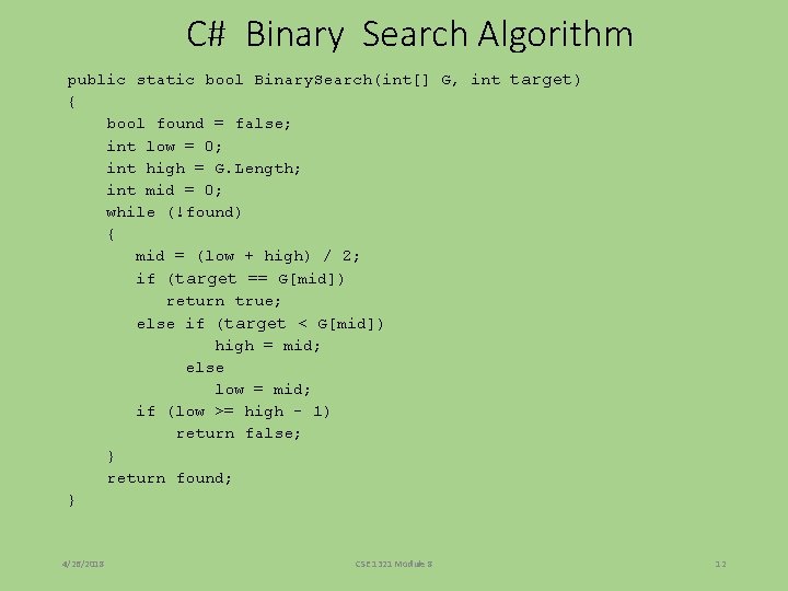 CSE 1322 Review of Searching and Sorting Algorithms