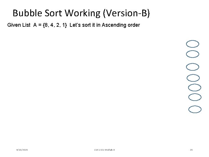 Bubble Sort Working (Version-B) Given List A = {8, 4, 2, 1} Let’s sort Bubble Sort Working (Version-B) Given List A = {8, 4, 2, 1} Let’s sort