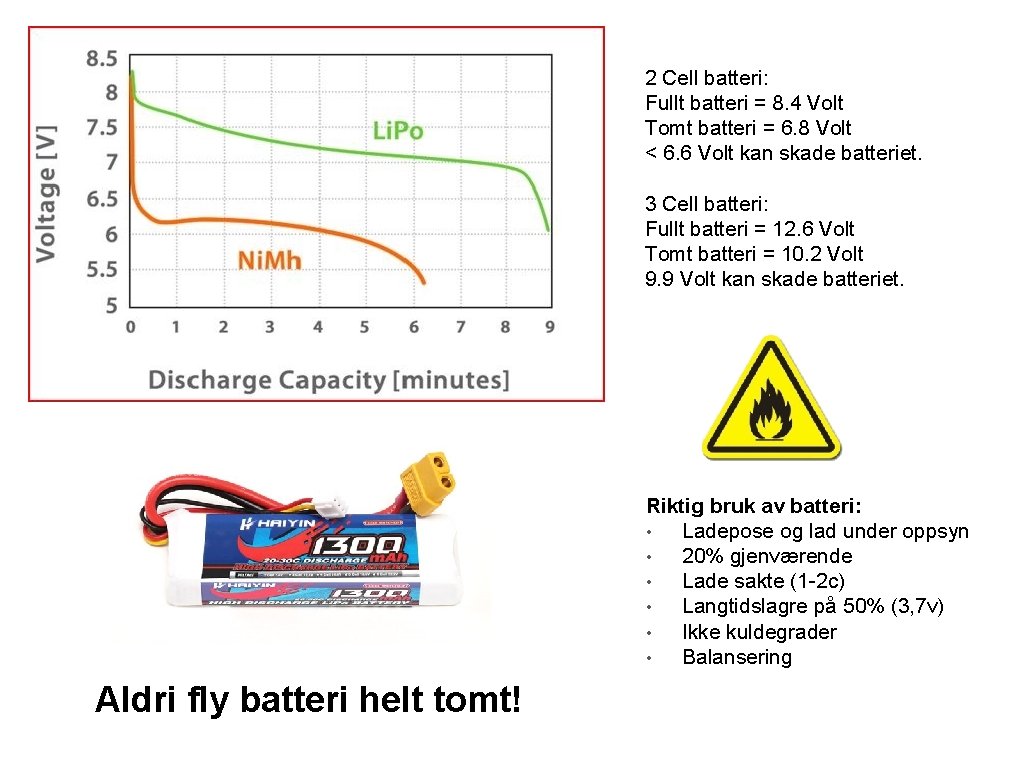 2 Cell batteri: Fullt batteri = 8. 4 Volt Tomt batteri = 6. 8