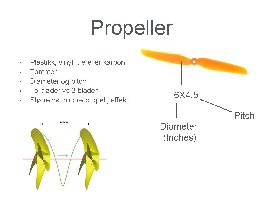 Propeller • • • Plastikk, vinyl, tre eller karbon Tommer Diameter og pitch To