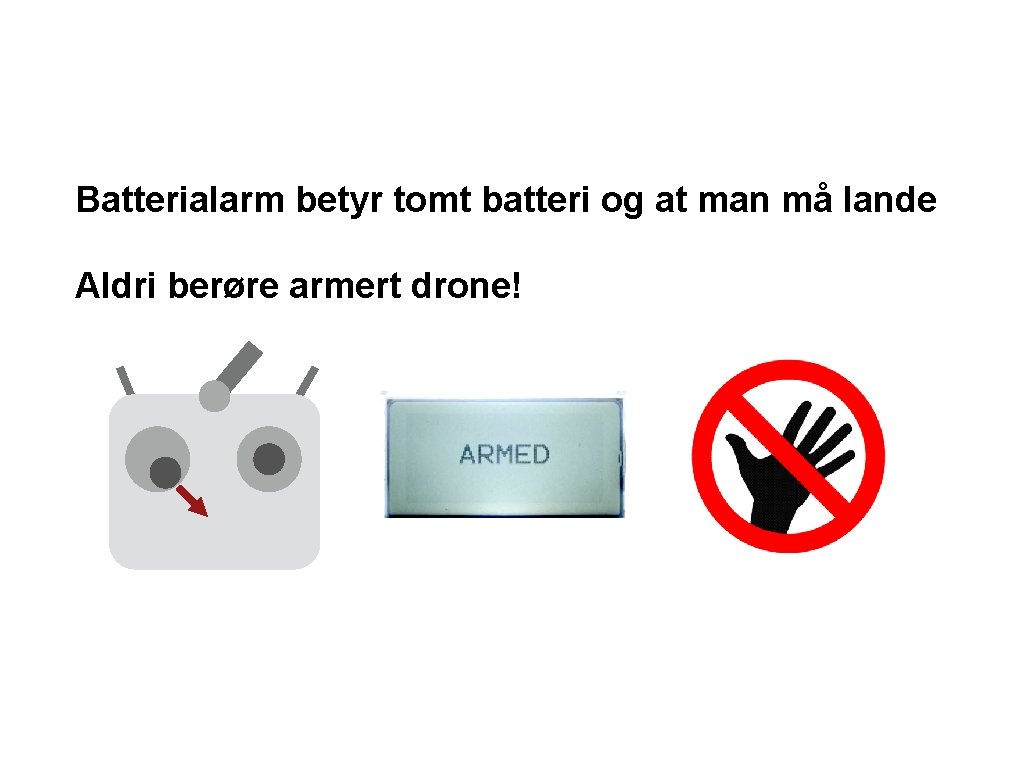 Batterialarm betyr tomt batteri og at man må lande Aldri berøre armert drone! 