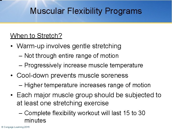 Muscular Flexibility Programs When to Stretch? • Warm-up involves gentle stretching – Not through