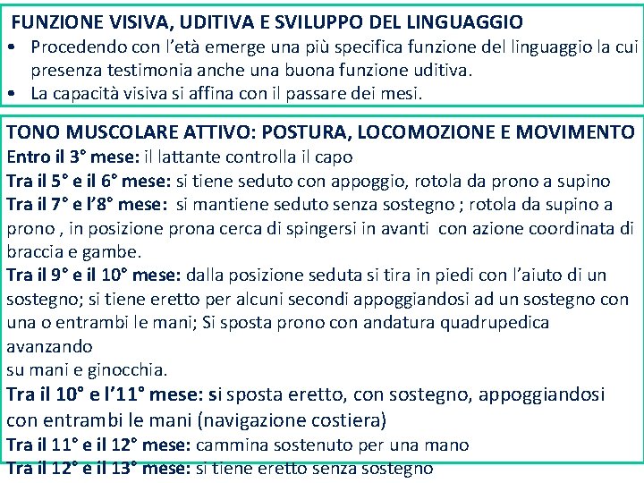 FUNZIONE VISIVA, UDITIVA E SVILUPPO DEL LINGUAGGIO • Procedendo con l’età emerge una più