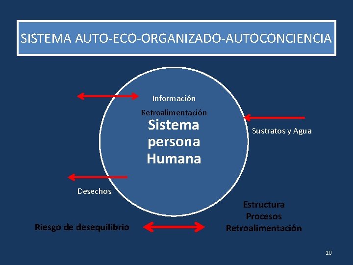 SISTEMA AUTO-ECO-ORGANIZADO-AUTOCONCIENCIA Información Retroalimentación Sistema persona Humana Sustratos y Agua Desechos Riesgo de desequilibrio