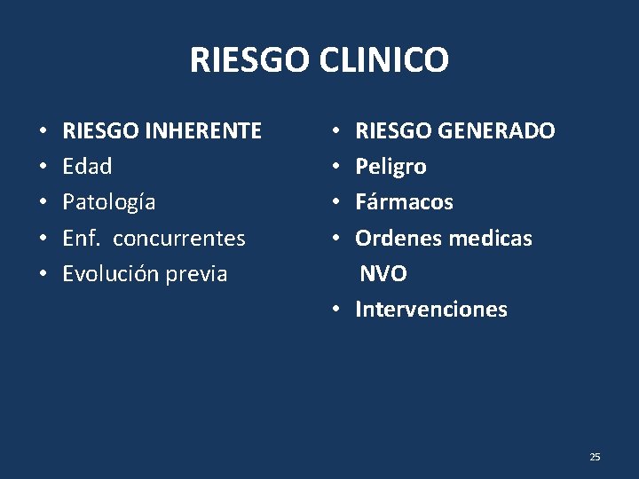 RIESGO CLINICO • • • RIESGO INHERENTE Edad Patología Enf. concurrentes Evolución previa RIESGO