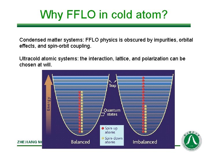 Why FFLO in cold atom? Condensed matter systems: FFLO physics is obscured by impurities,