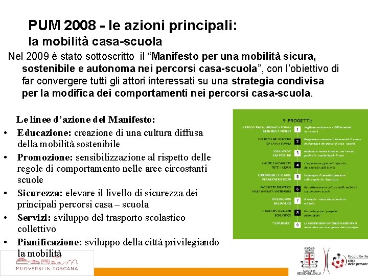 PUM 2008 - le azioni principali: la mobilità casa-scuola Nel 2009 è stato sottoscritto