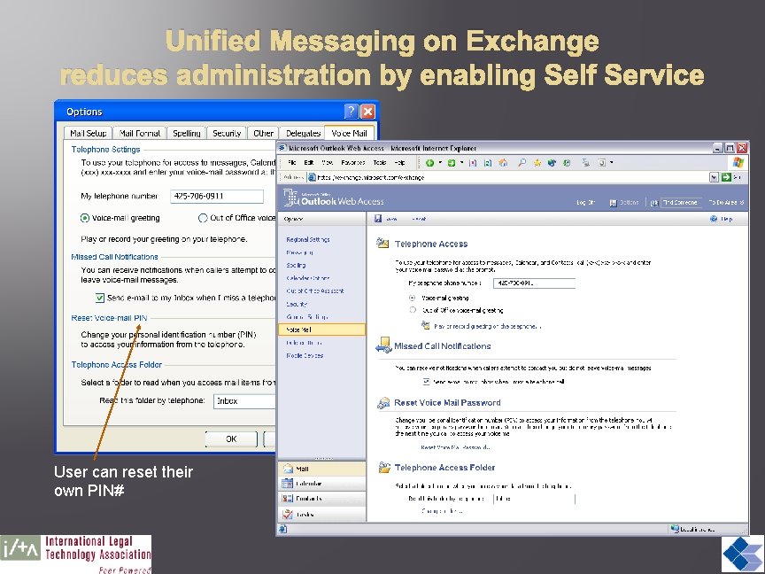 Unified Messaging on Exchange reduces administration by enabling Self Service User can reset their