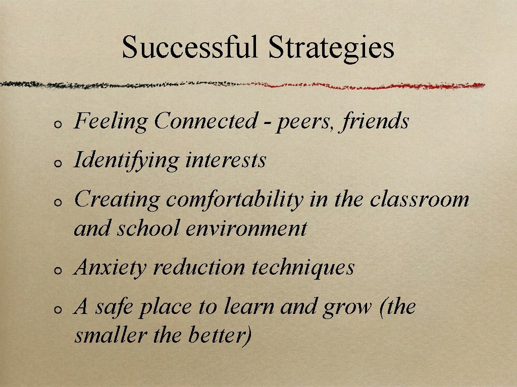 Successful Strategies Feeling Connected - peers, friends Identifying interests Creating comfortability in the classroom