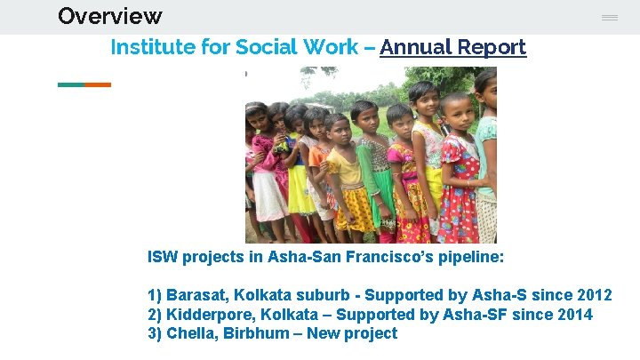 Overview Institute for Social Work – Annual Report ISW projects in Asha-San Francisco’s pipeline: Overview Institute for Social Work – Annual Report ISW projects in Asha-San Francisco’s pipeline: